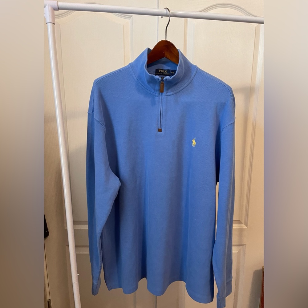 Polo Ralph Lauren 1/4 zip pullover. Light Blue with yellow Polo Logo.